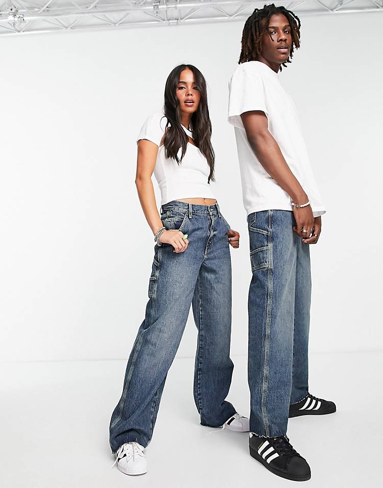 COLLUSION x016 Unisex skater cargo jeans in blue